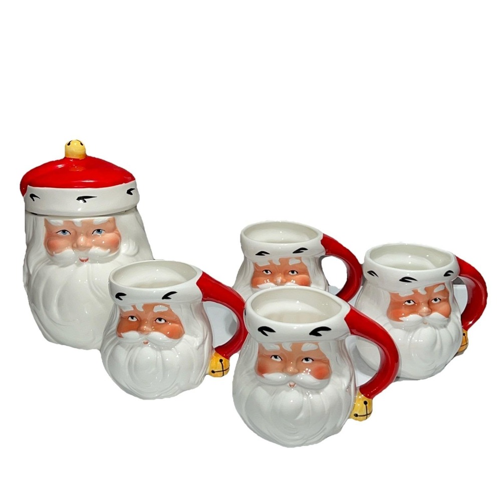 Vintage Avon Christmas Jolly Santa 4 Mugs And Cookie Jar Set Ceramic Holiday‎
